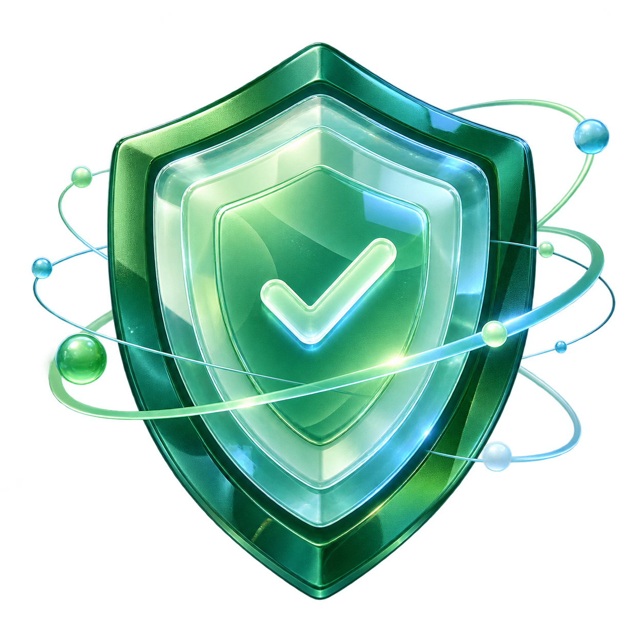 Layered green protective shield surrounded by security signal orbits