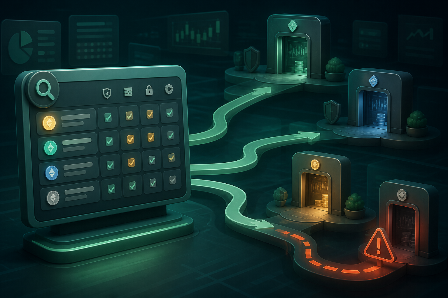 Editorial illustration of a comparison directory branching toward independent exchange services, including one unresolved warning route