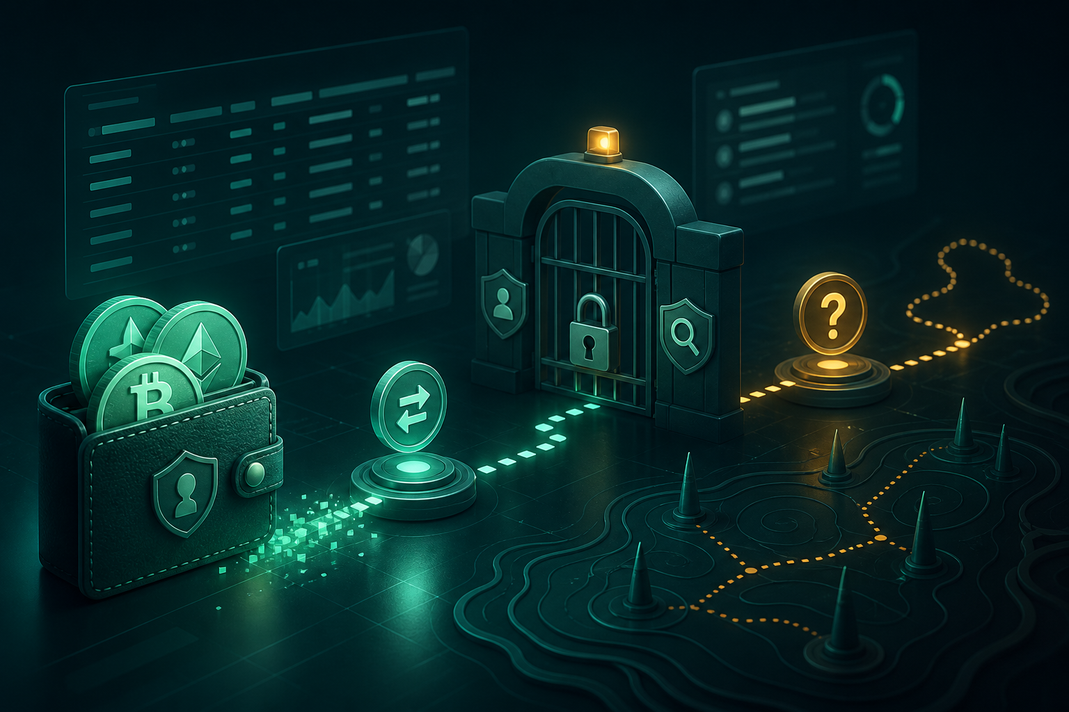 Editorial illustration of a cryptocurrency transfer reaching an opaque review gate with an unresolved payout route